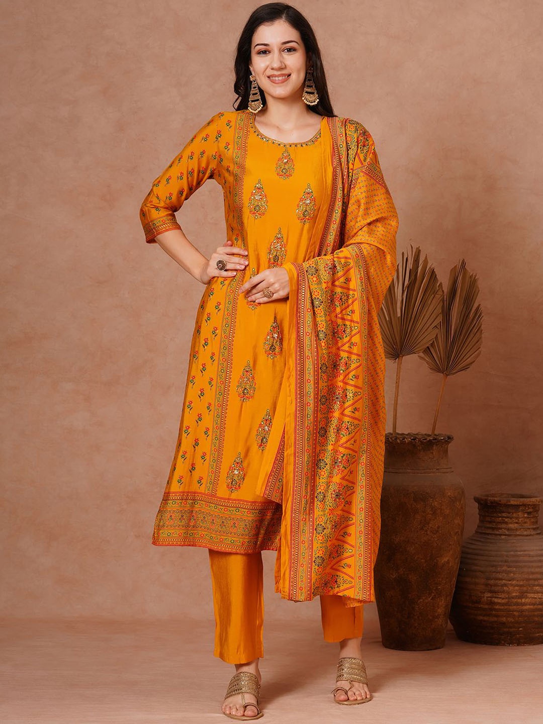 

FASHOR Ethnic Motifs Printed Beads and Stones Straight Kurta With Trousers & Dupatta, Yellow