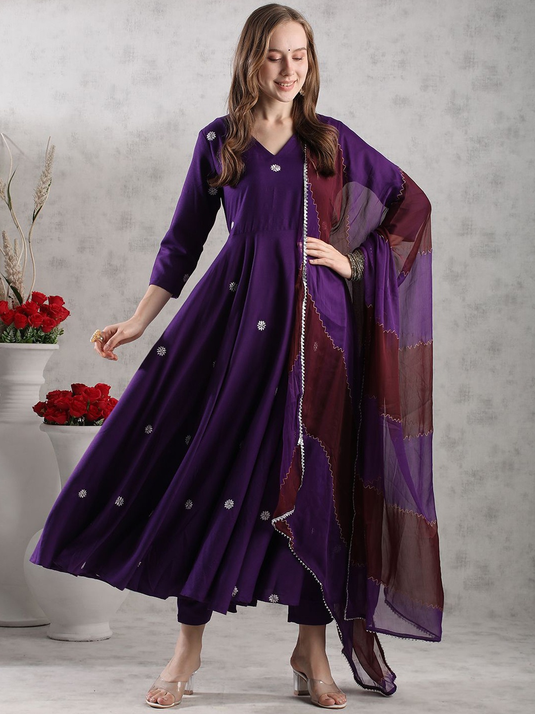 

KALINI Floral Embroidered Thread Work Anarkali Kurta With Trousers & Dupatta, Purple