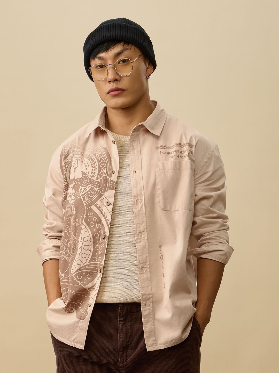

The Souled Store Men Spread Collar Graphic Printed Cotton Casual Shirt, Beige