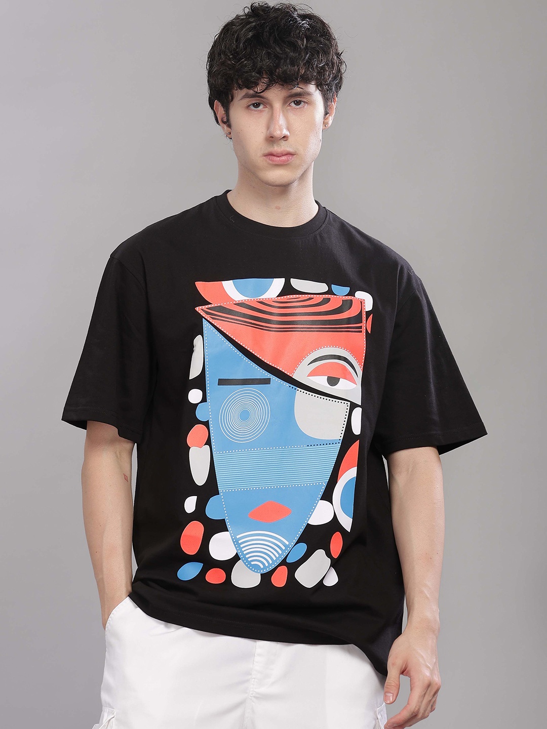 

TOMHIDDLE Men Graphic Printed Round Neck Cotton Oversized T-shirt, Black