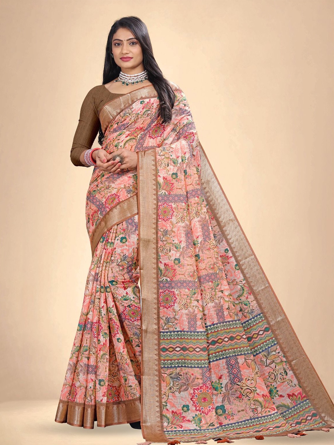 

Abhilasha Floral Printed Zari Pure Cotton Maheshwari Saree, Pink