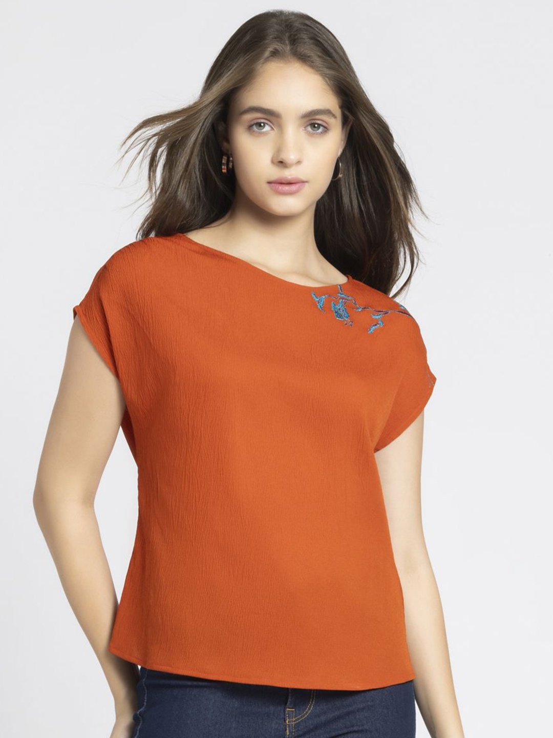 

SHAYE Women Embroidered Extended Sleeves Crepe Top, Orange