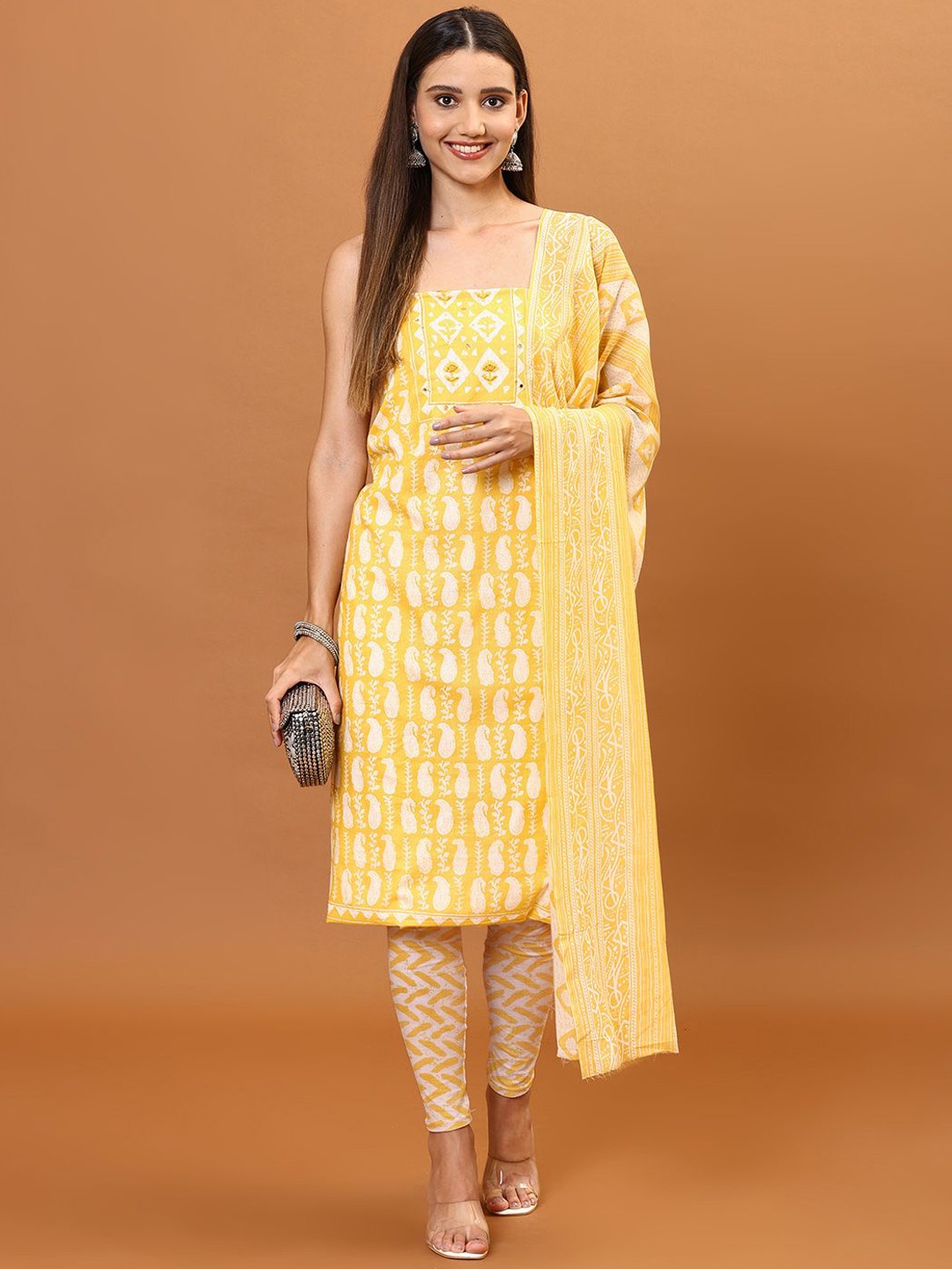 

Meena Bazaar Paisley Printed Sequinned Unstitched Dress Material, Yellow
