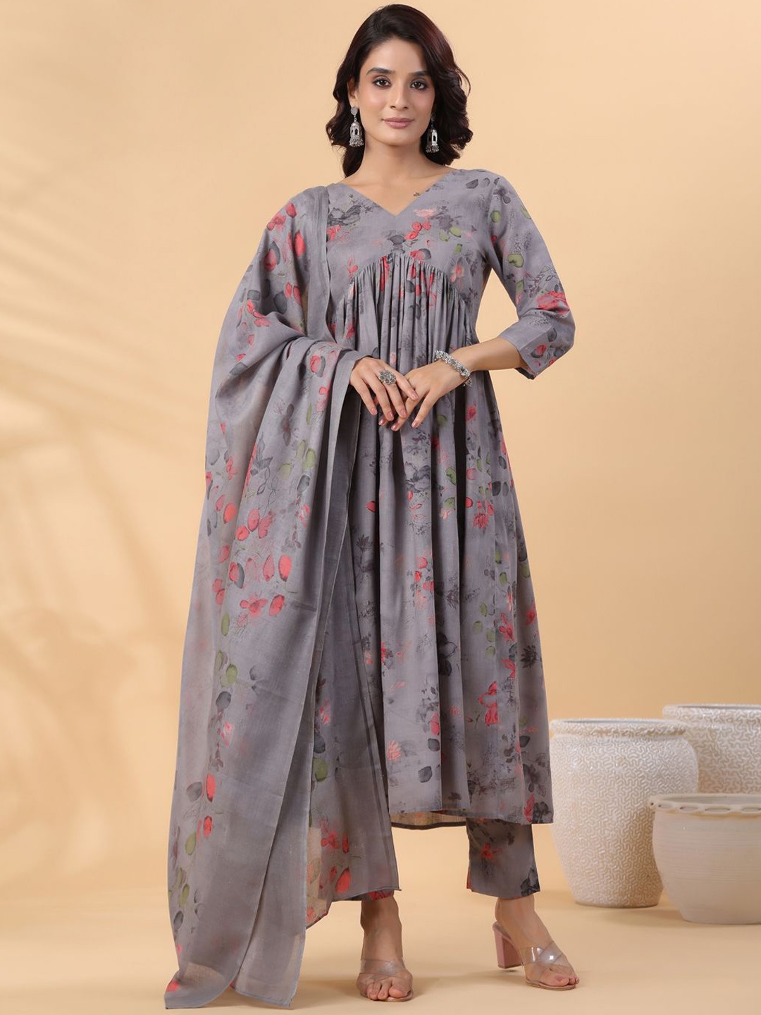 

KALINI Floral Printed Anarkali Kurta with Trousers & Dupatta, Grey