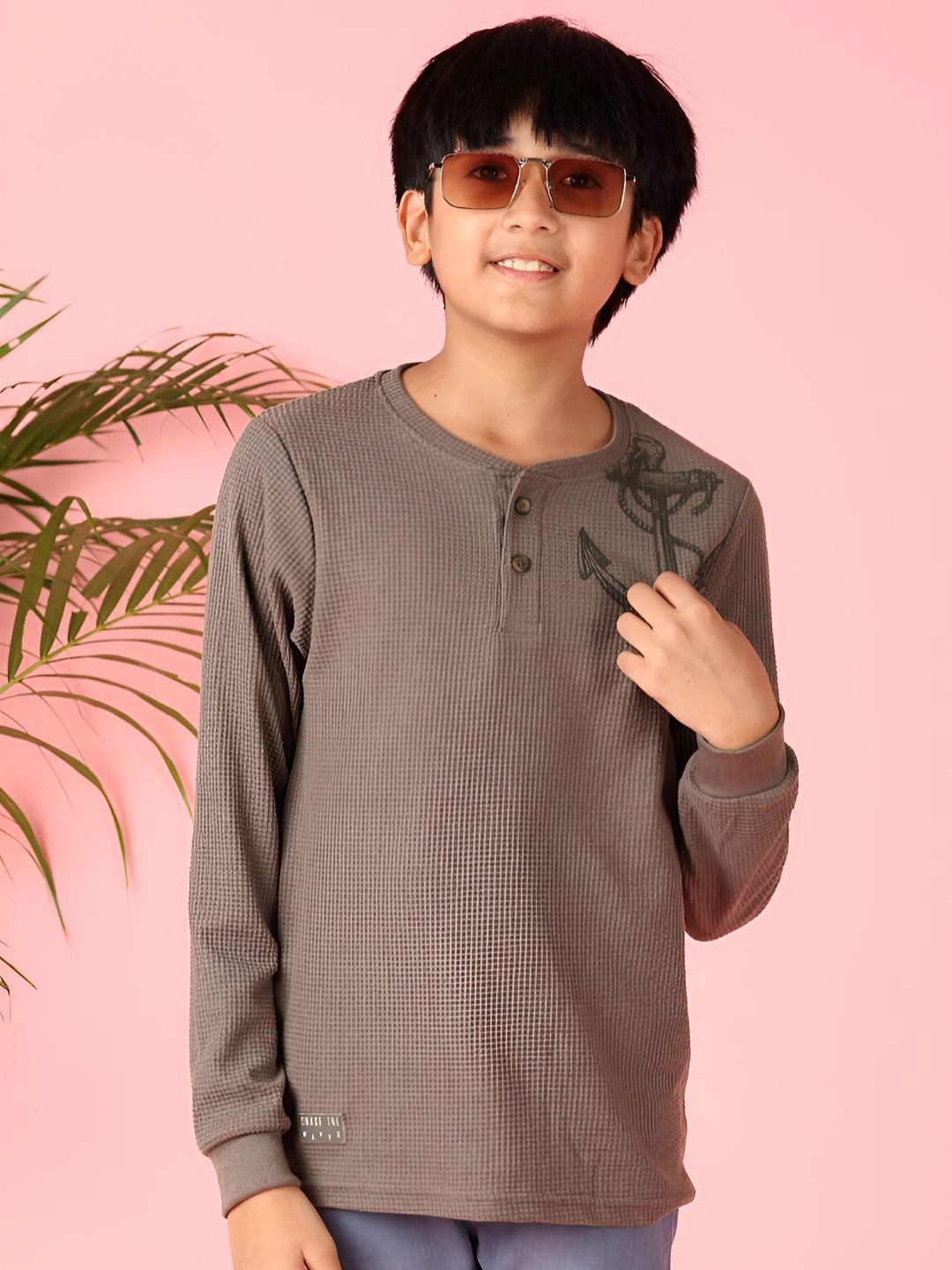 

V-Mart Boys Graphic Printed Henley Neck T-shirt, Brown