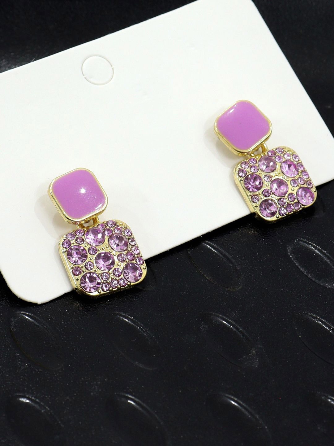 

Krelin Gold-Plated Geometric Stainless Steel Rhinestone Studded Antique Drop Earrings, Purple