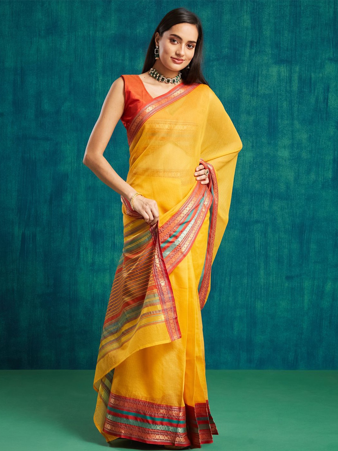 

RACHNA Woven Design Zari Kanjeevaram Saree, Yellow