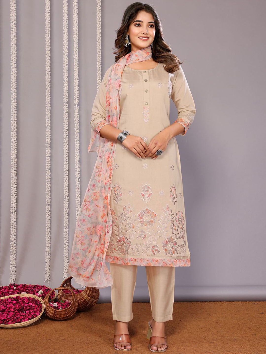 

Royal Export Floral Embroidered Straight Kurta with Trousers & Dupatta, Beige