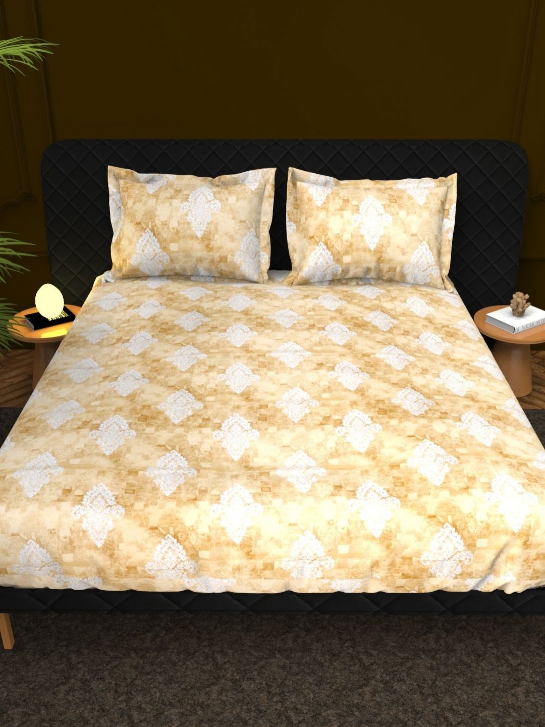 

THE WHITE MOSS Yellow & White Ethnic Motifs Cotton 210 TC King Bedsheet Set 2.75 x 2.75 m