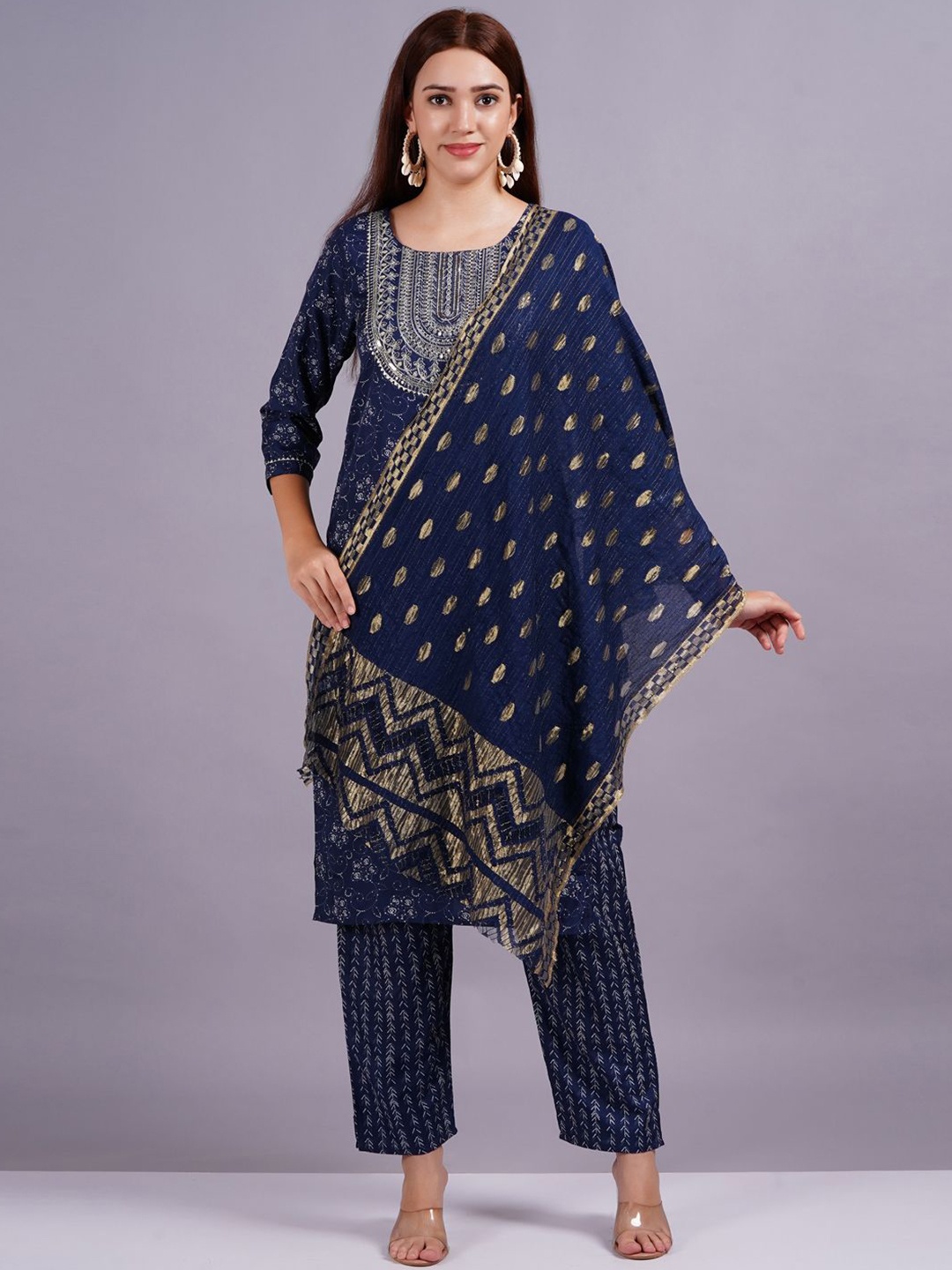 

KALINI Floral Printed Sequinned Straight Kurta with Trouser & Dupatta, Navy blue