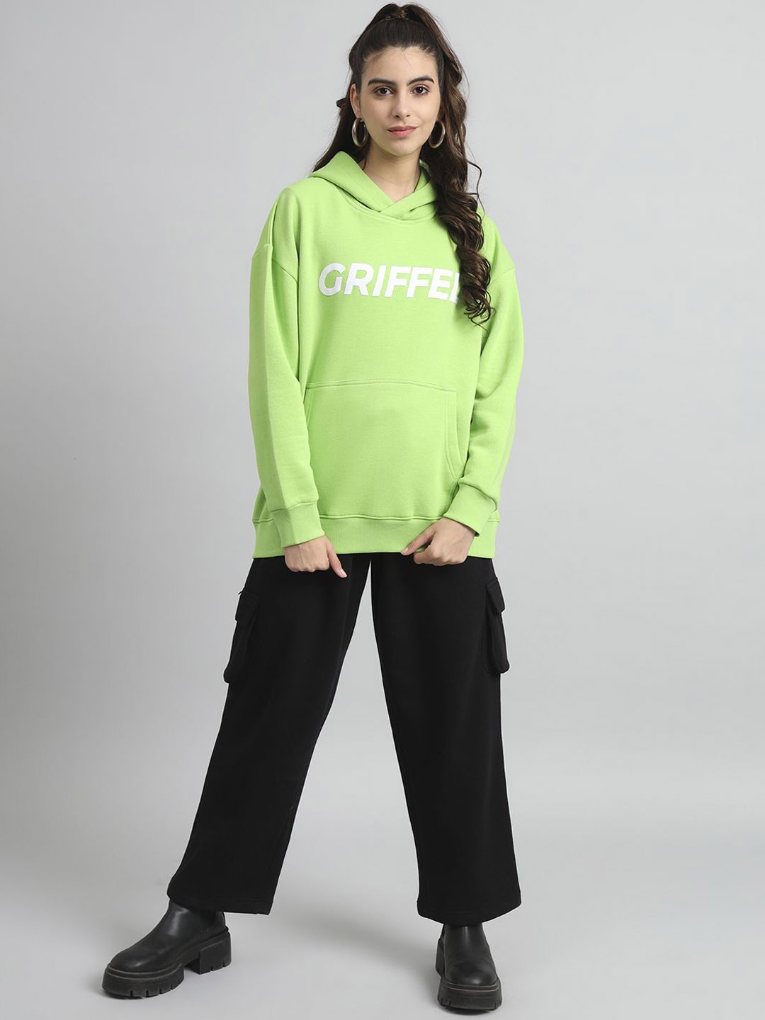 

GRIFFEL Women Cotton Typography Printed Hooded Tracksuit, Green