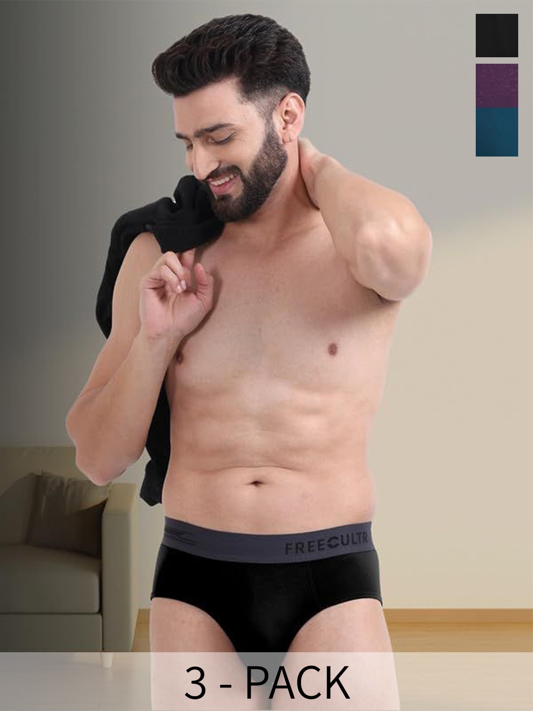 

FREECULTR Men Pack Of 3 Anti Bacterial Mid Rise Basic Briefs, Blue