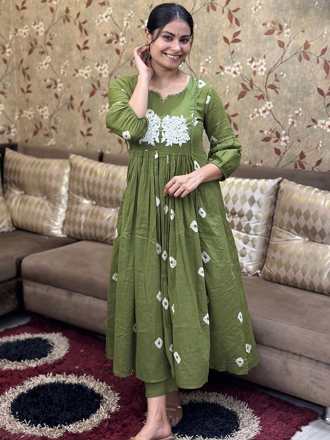 

KALINI Printed Anarkali Thread Work Kurta with Trousers, Green