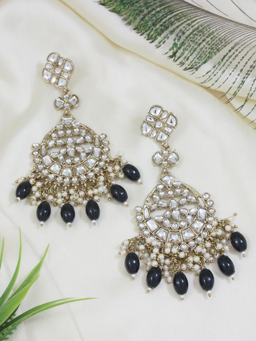 

I Jewels Gold-Plated Contemporary Chandbalis Kundan Stud Earrings, Black