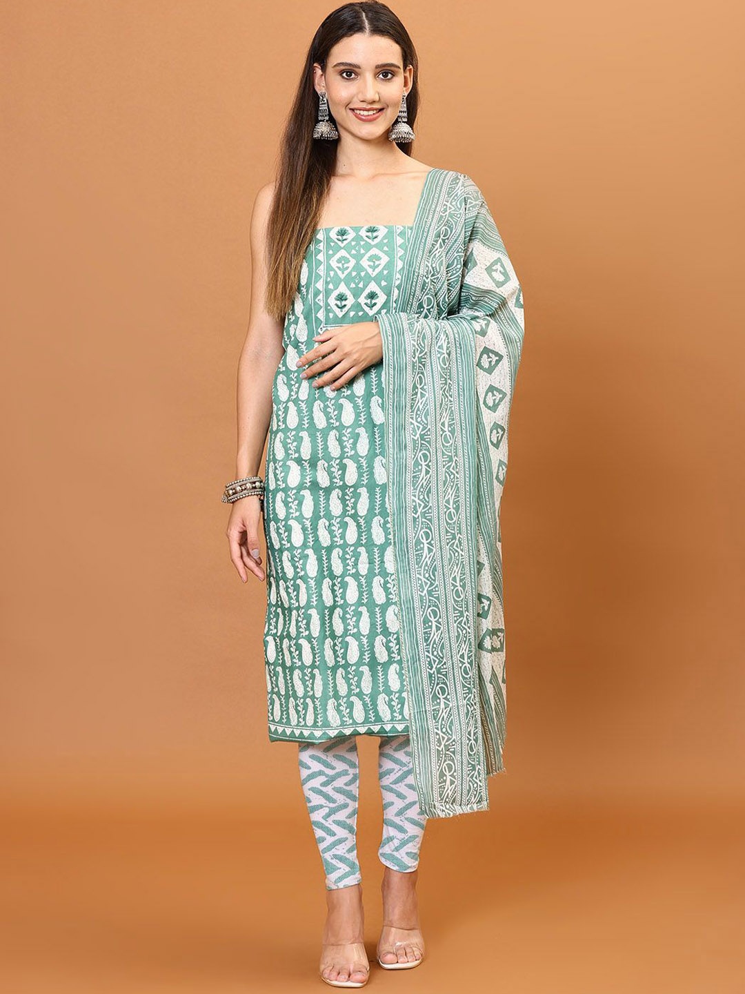 

Meena Bazaar Geometric Printed Thread Work Unstitched Dress Material, Sea green