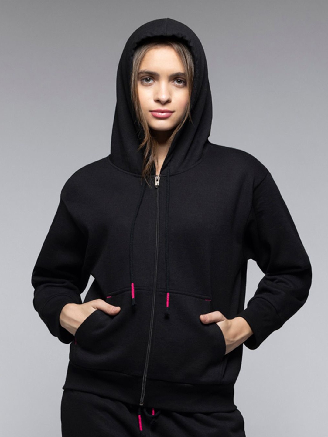 

SHAYE Women Hooded Solid Fleece Casual Bomber Jacket, Black