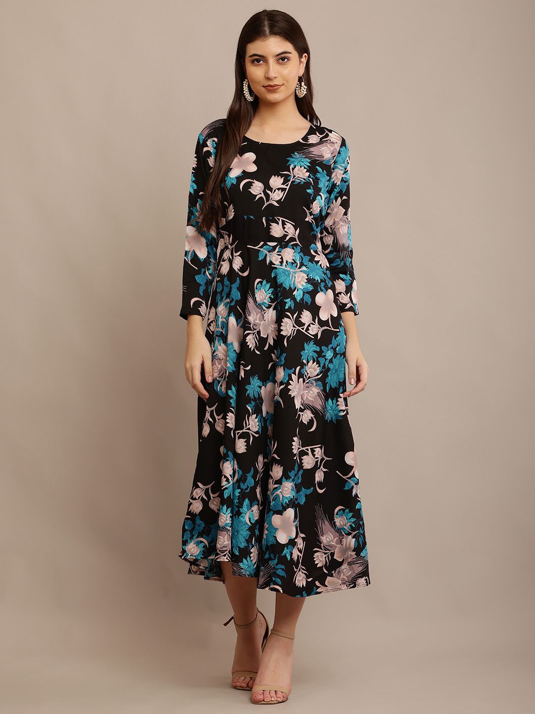 

Raabta Fashion Women Floral Printed A-Line Midi Dress, Black