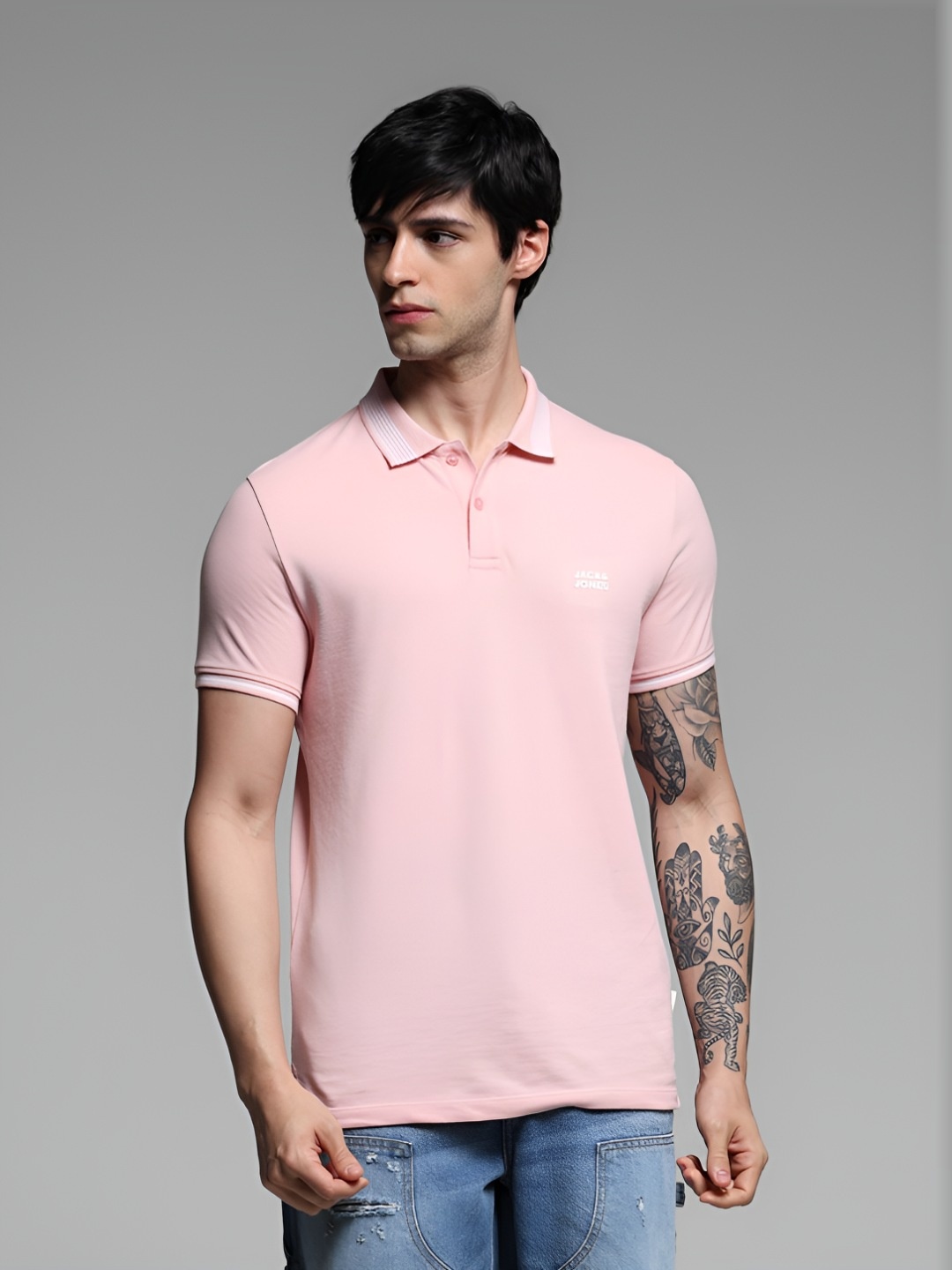 

Jack & Jones Men Solid Polo Collar Cotton Slim Fit T-shirt, Pink