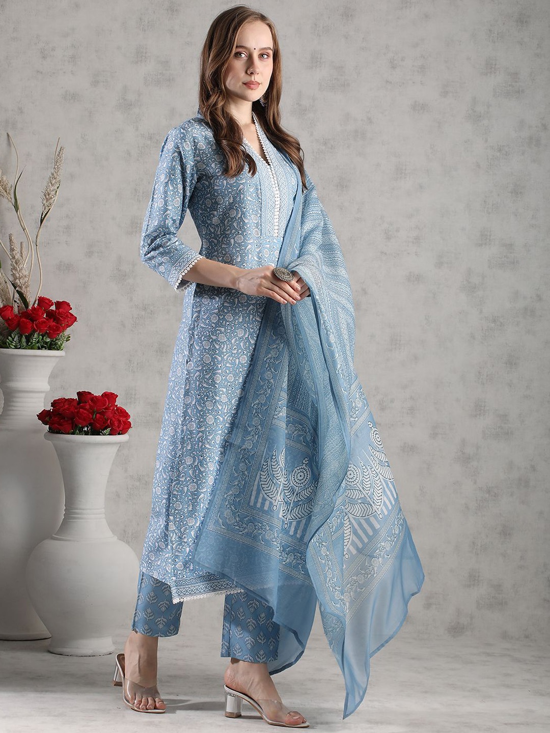 

KALINI Ethnic Motifs Printed V-Neck Straight Kurta With Trousers & Dupatta, Blue