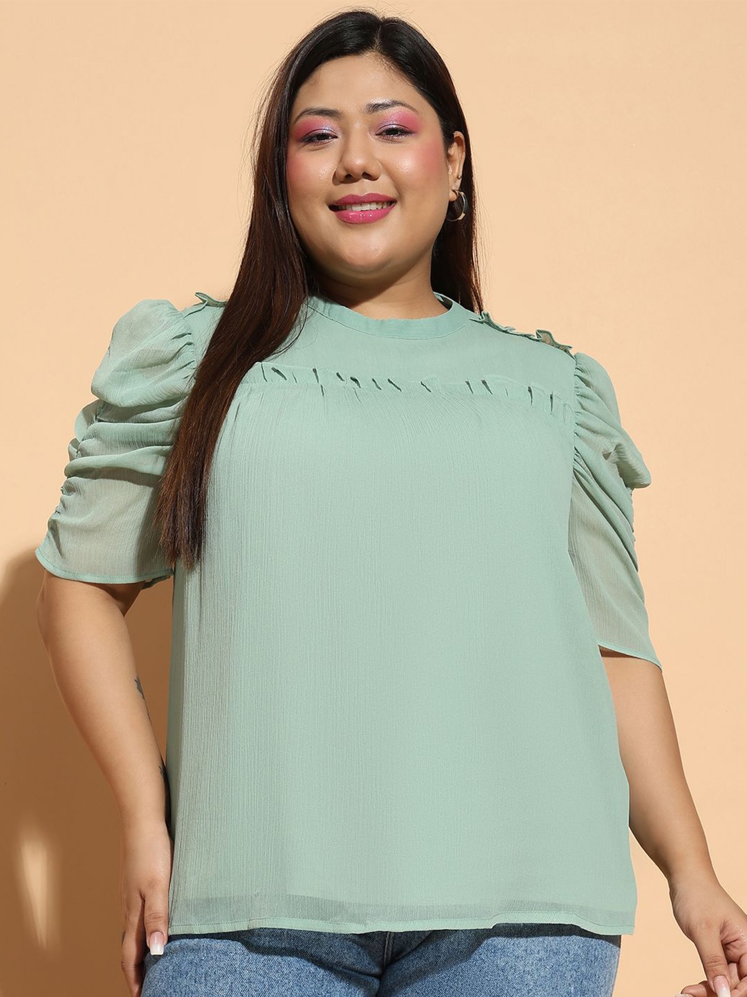 

Oxolloxo Women Solid Self Design Puff Sleeve Chiffon Top, Green