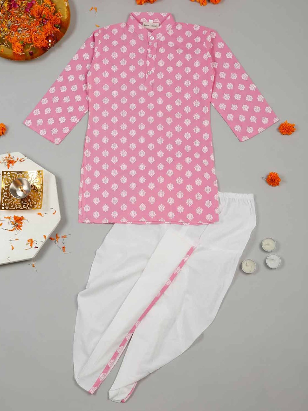 

LITTLE GINNIE Boys Ethnic Motifs Printed Kurta with Dhoti Pant, Pink