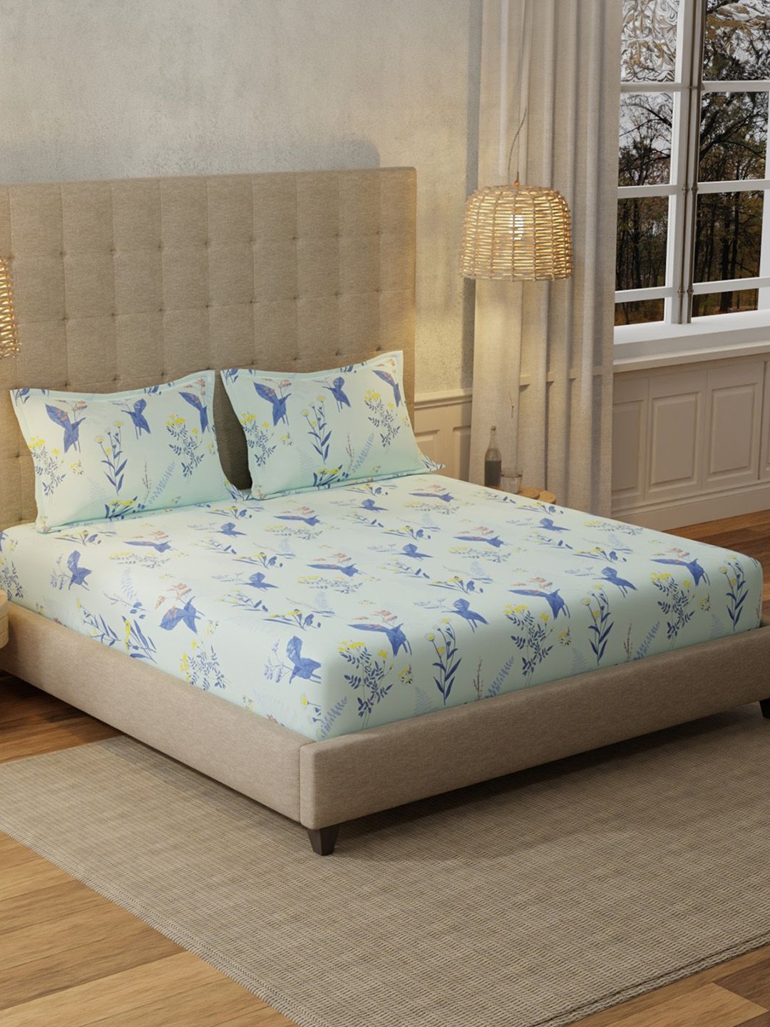 

URBAN SPACE Whisper Mint Blue 200 TC Floral King Fitted Bedsheet