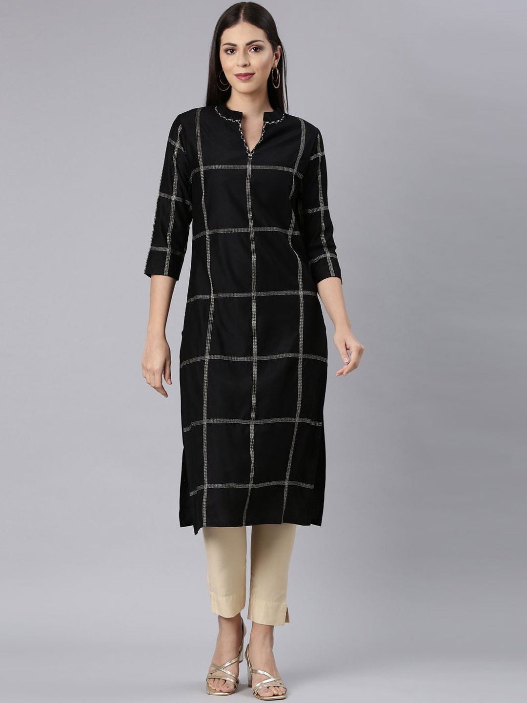 

Neerus Checked Mandarin Collar Thread Work Cotton Straight Kurta, Black