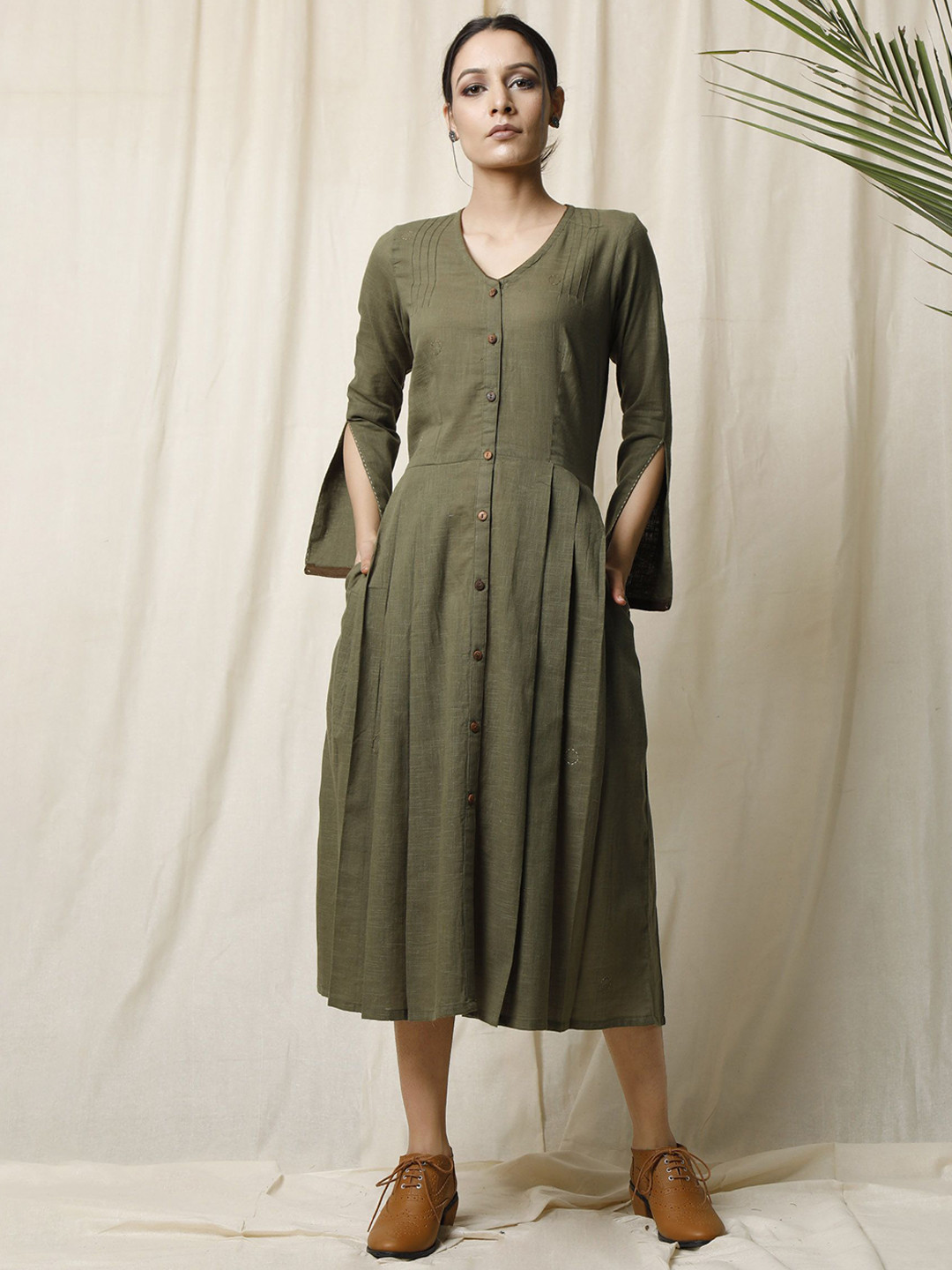

TJORI Women V-Neck Cotton A-Line Dress, Green