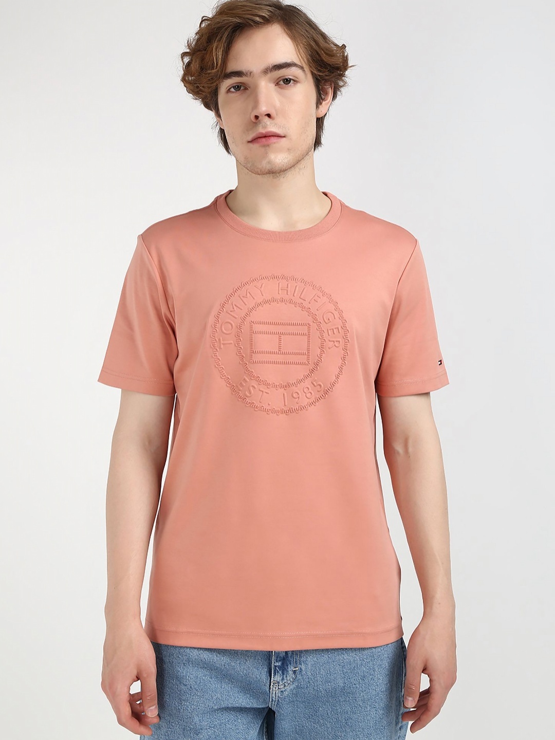 

Tommy Hilfiger Men Typography Printed Round Neck Cotton T-shirt, Pink