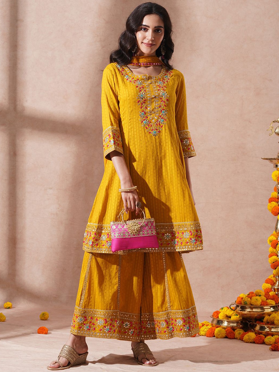 

FASHOR Ethnic Motifs Embroidered Sequinned Pure Cotton Kurta With Palazzos & Dupatta, Yellow