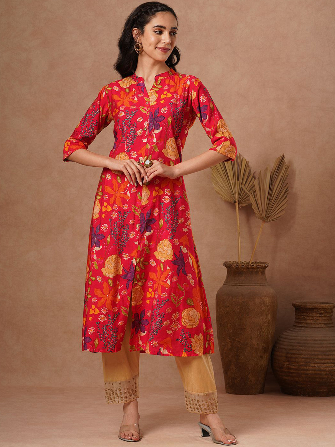 

FASHOR Floral Printed Mandarin Collar A Line Kurta, Red