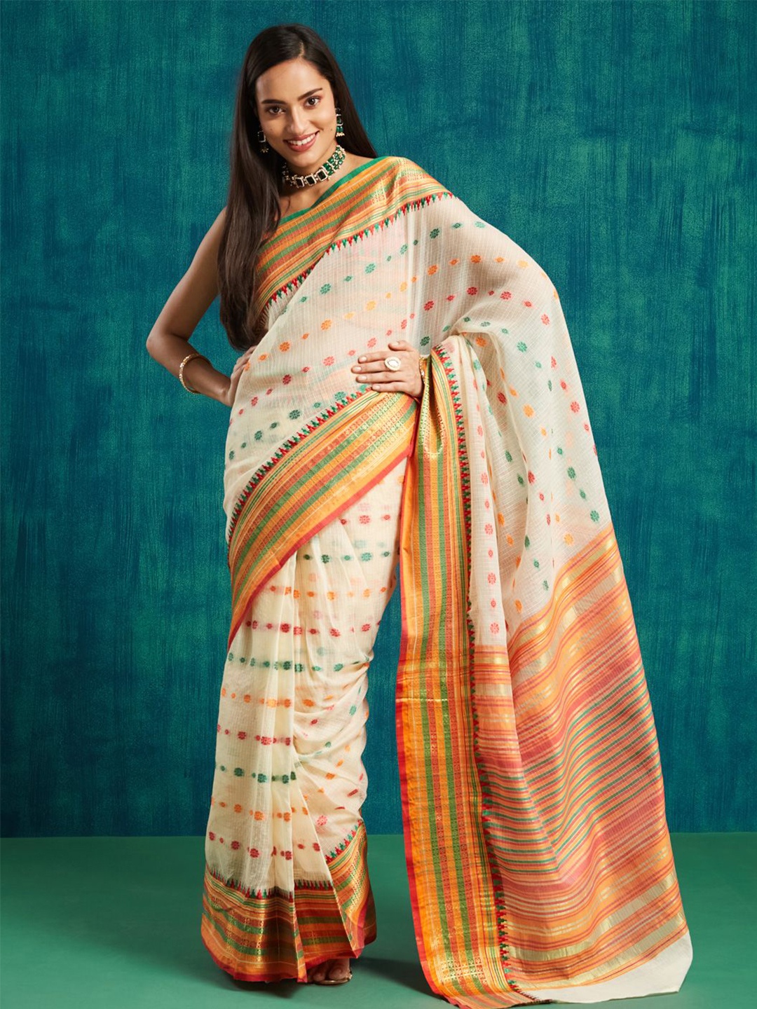 

RACHNA Traditional Kanjivaram Pattu Zari Border Saree, Cream