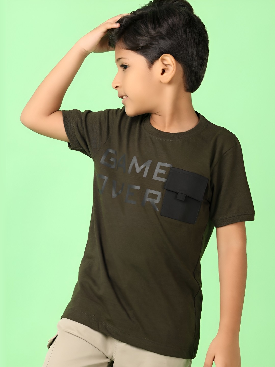 

V-Mart Boys Typography Printed Round Neck Cotton T-shirt, Olive