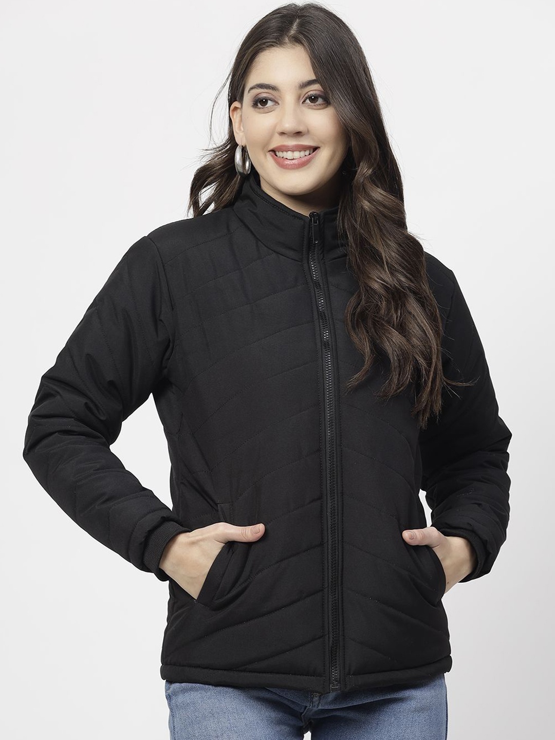 

WELL QUALITY Women Mock Collar Solid Casual Padded Jacket, Black