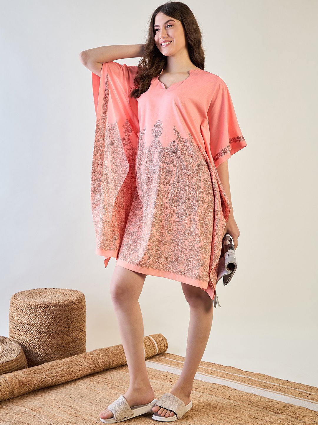 

The Kaftan Company Woman Everyday Ethnic Motifs Printed Kaftan Nightdress, Peach
