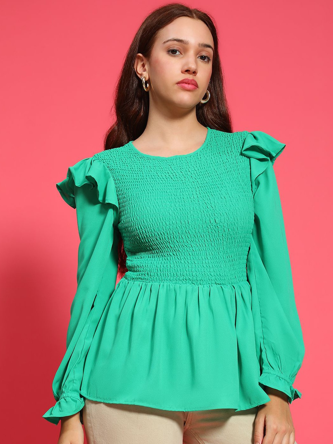 

Oxolloxo Women Ruffles Smocked Long Sleeves Peplum Top, Green