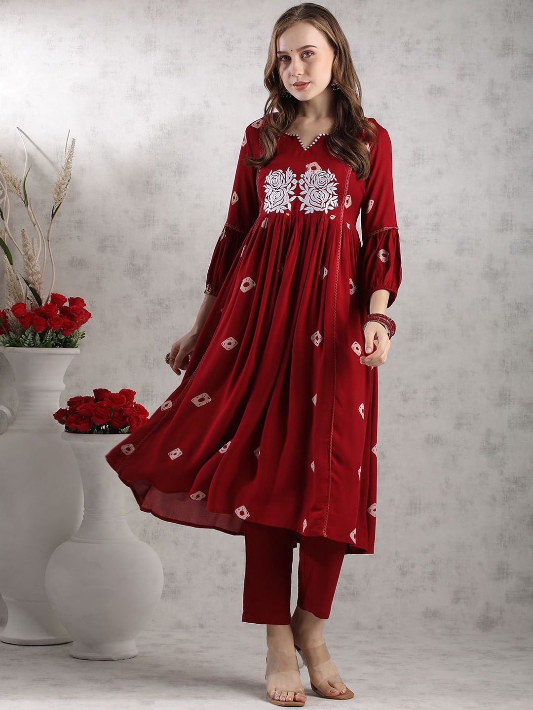 

KALINI Floral Embroidered Anarkali Kurta with Trousers, Maroon