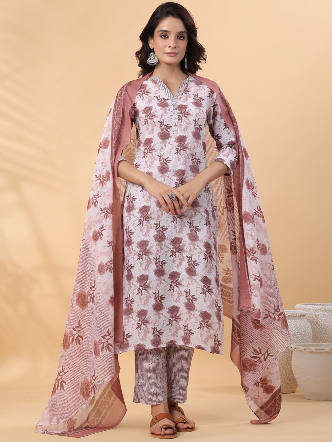 

KALINI Floral Printed Mandarin Collar Straight Kurta With Trousers & Dupatta, White