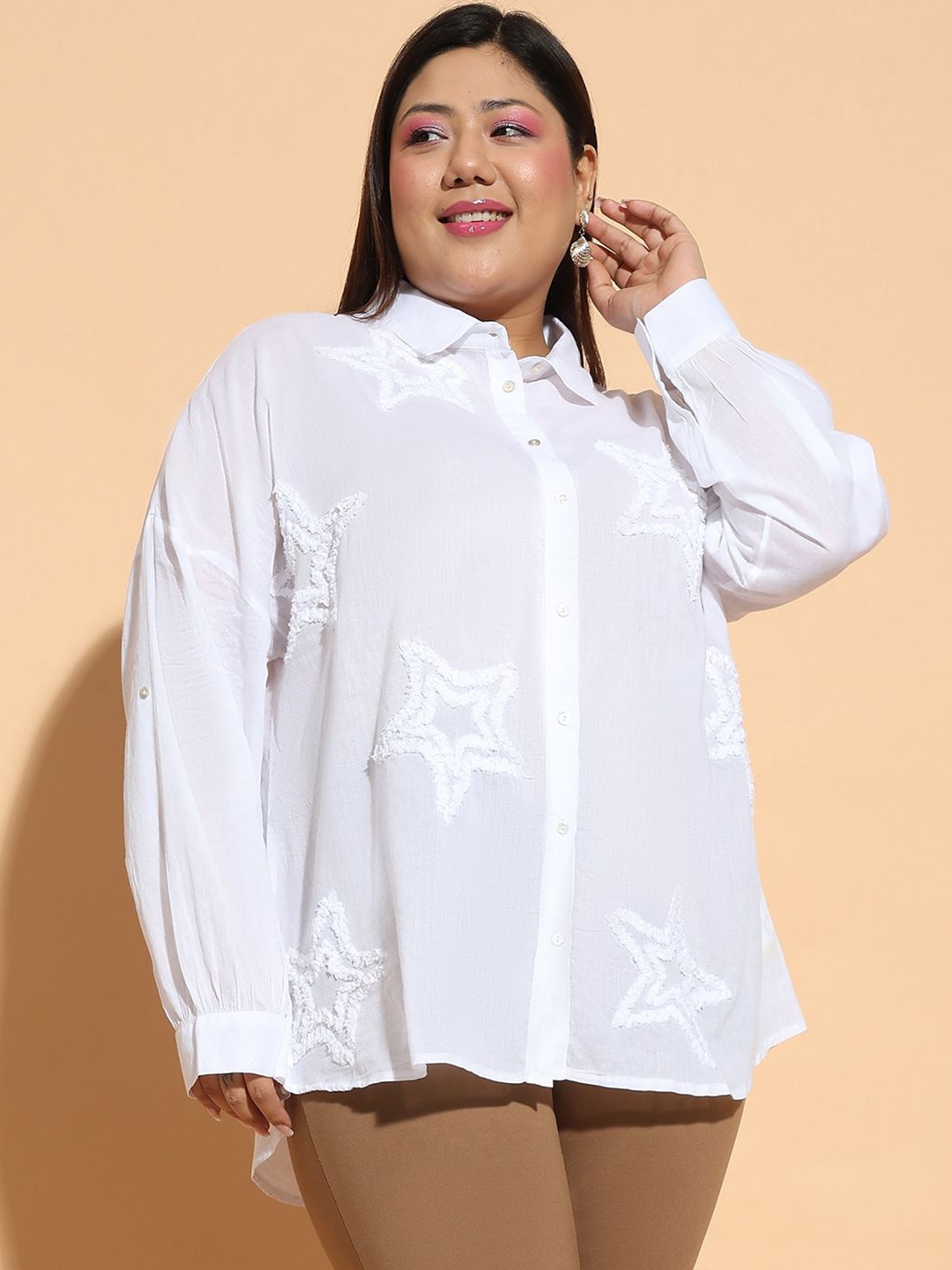 

Oxolloxo Women Plus Size Smart Spread Collar Solid Cotton Oversized Casual Shirt, White