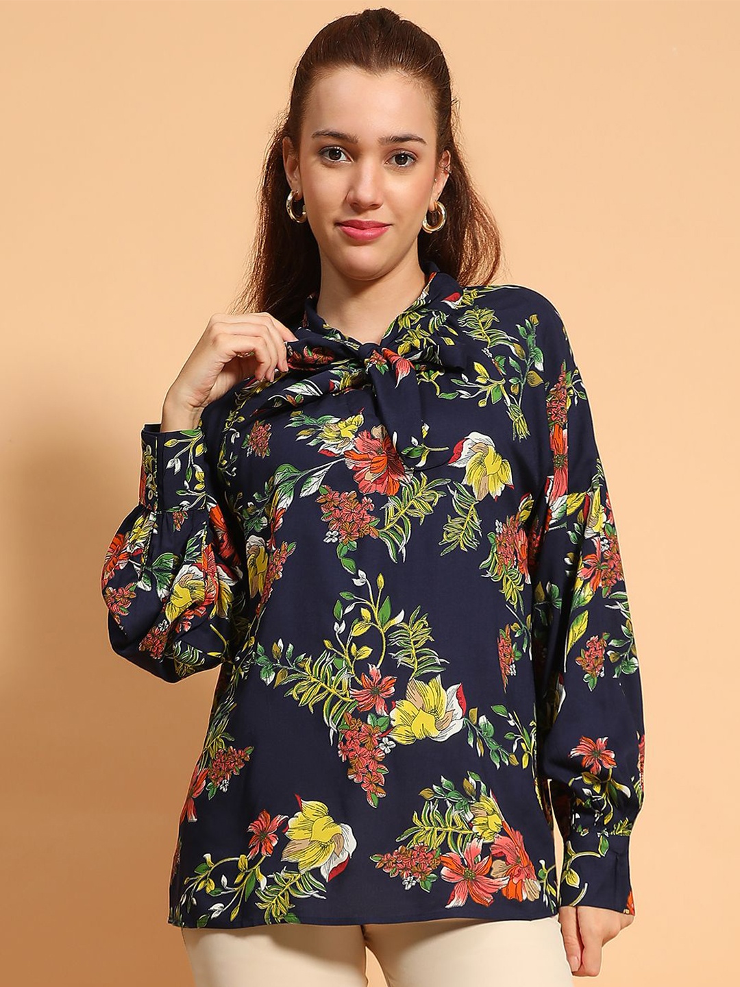 

Oxolloxo Floral Printed Collared Long Sleeves Button Down Shirt Style Top, Blue