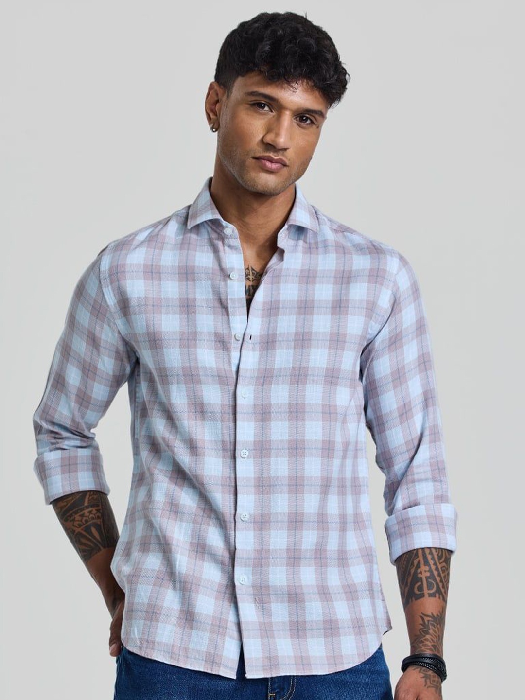 

Snitch Men Smart Spread Collar Tartan Checked Cotton Casual Shirt, Blue