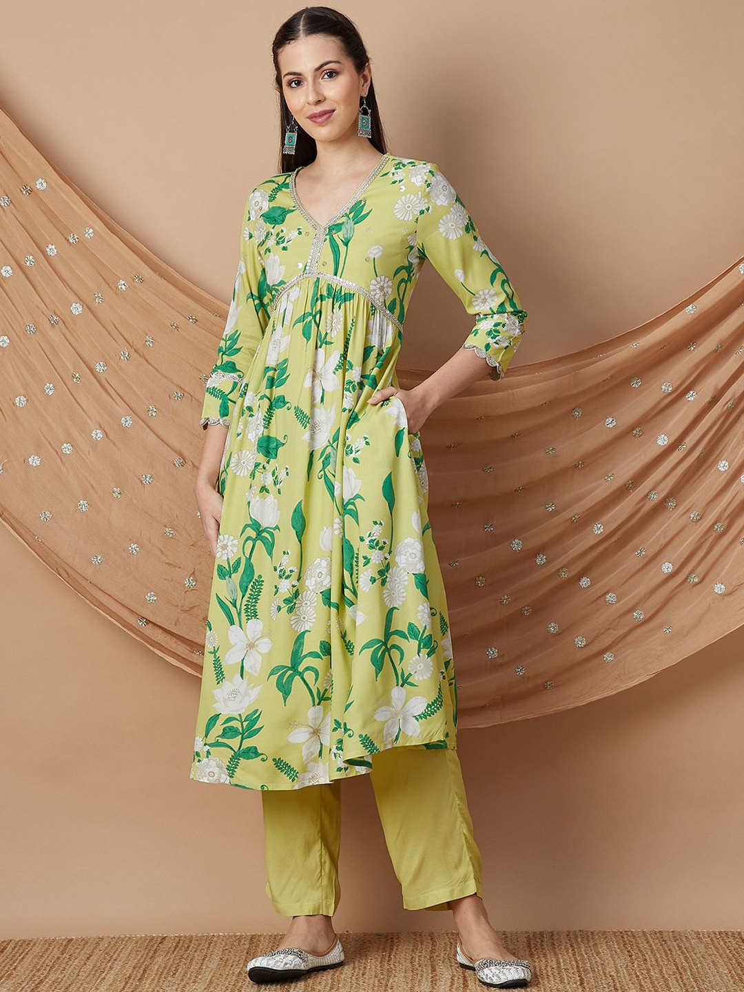 

Melange by Lifestyle Floral Printed Sequinned Kurta with Trouser, Yellow