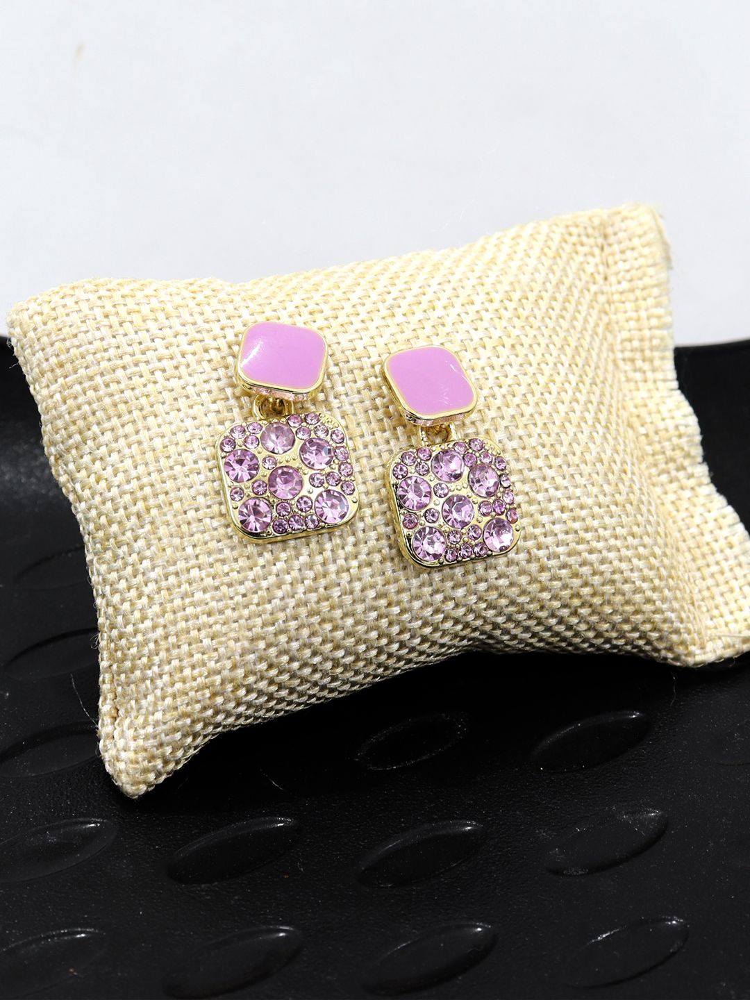 

Krelin Gold-Plated Geometric Stainless Steel Rhinestone Studded Antique Drop Earrings, Purple