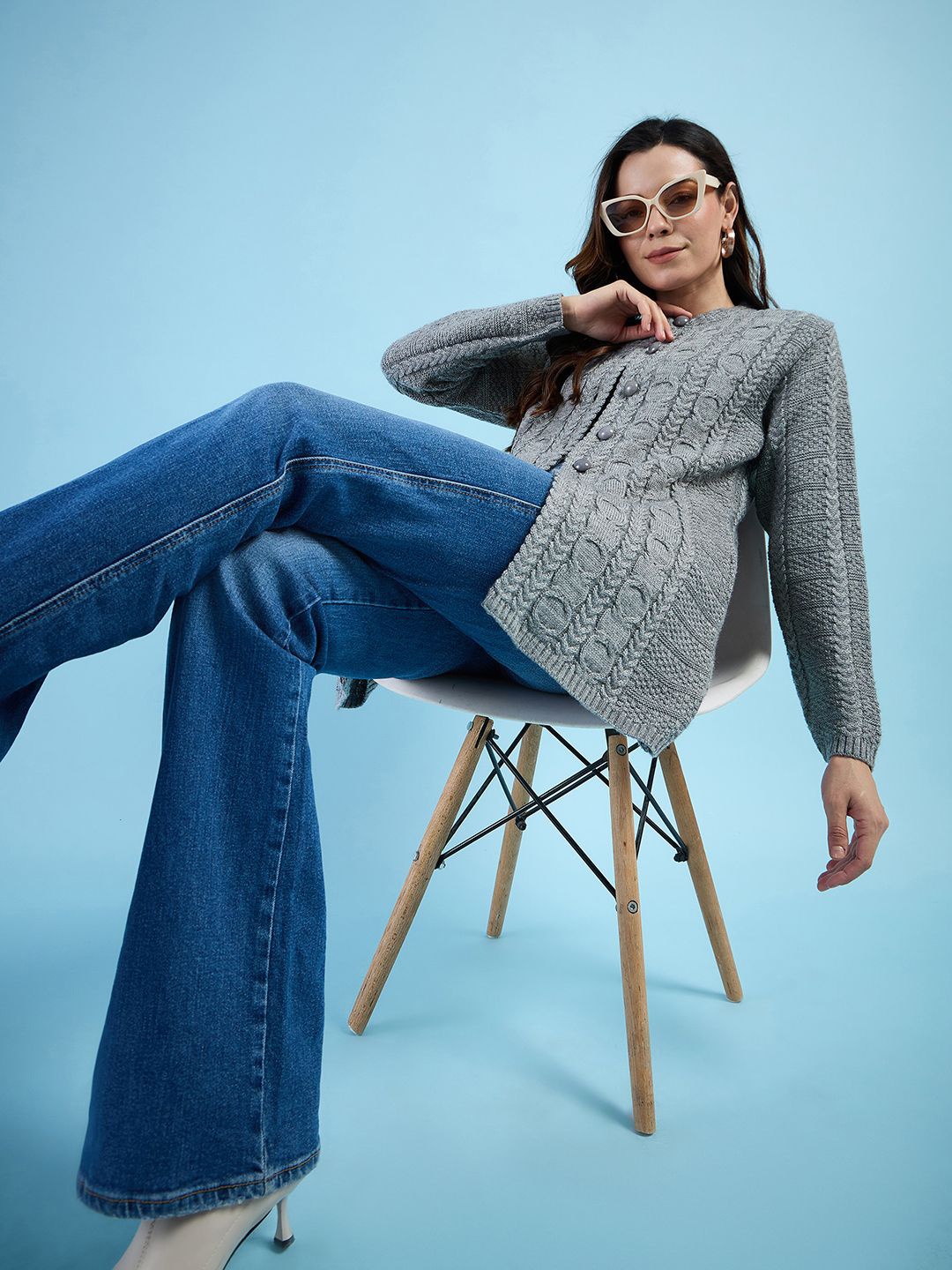 

CLAPTON Women Woollen Self Design Cardigan, Grey