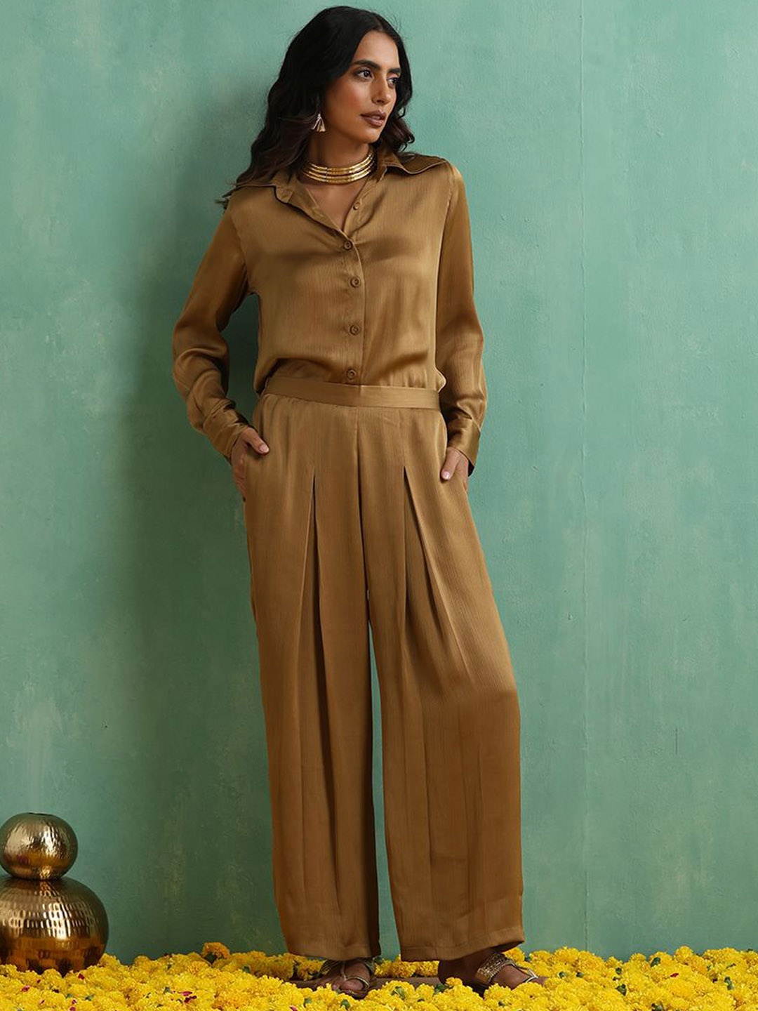 

indy Raaga Shirt Collar Long Sleeves Shirt With Palazzo, Gold