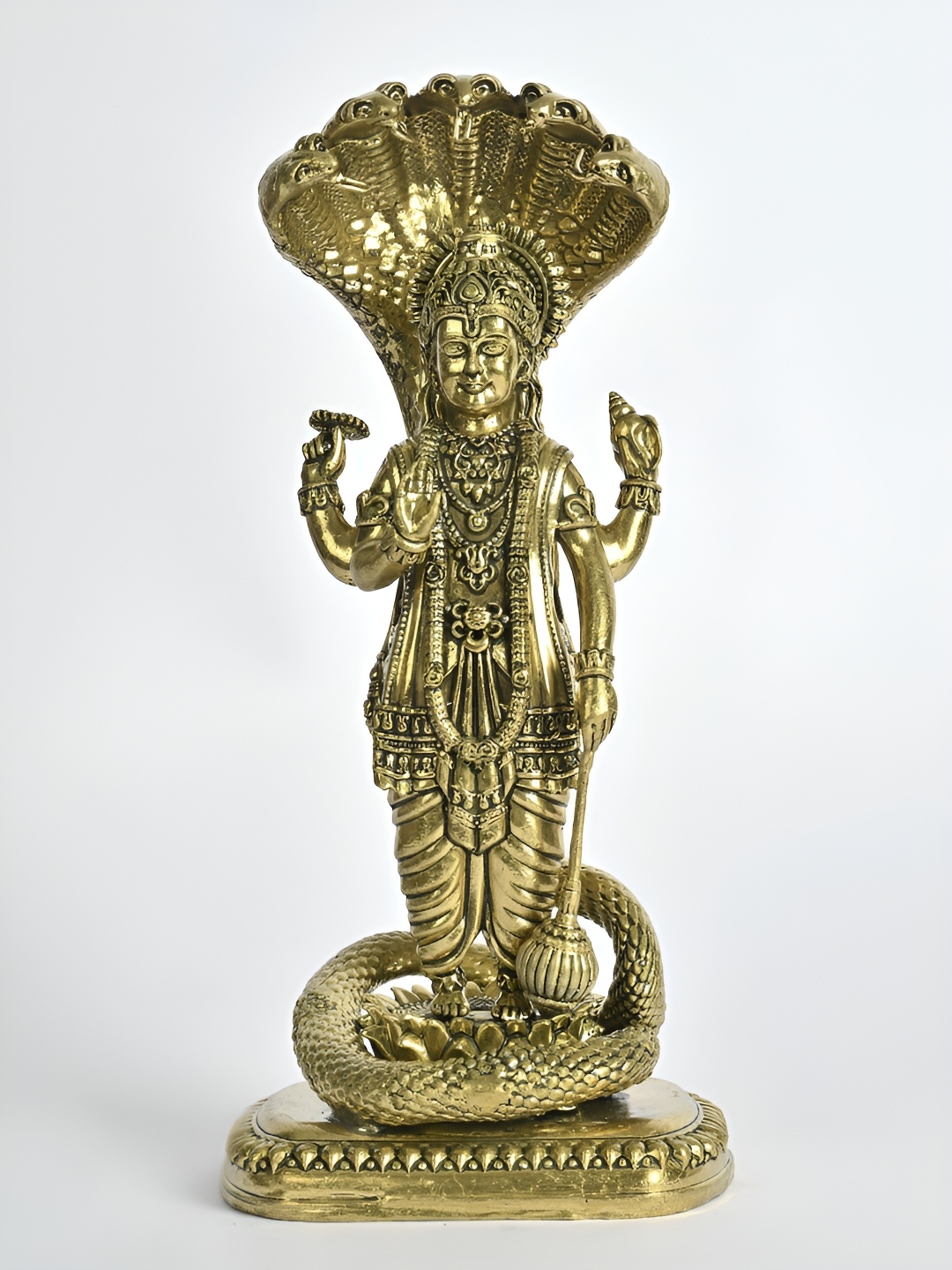 

Exotic India 7" Superfine Standing Lord Vishnu Brass Statue Under Sheshnag, Gold