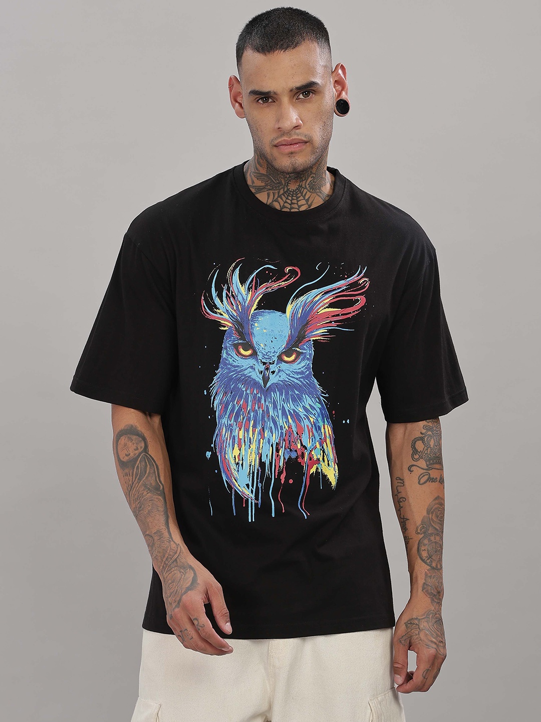 

TOMHIDDLE Men Graphic Printed Round Neck Cotton Oversized T-shirt, Black