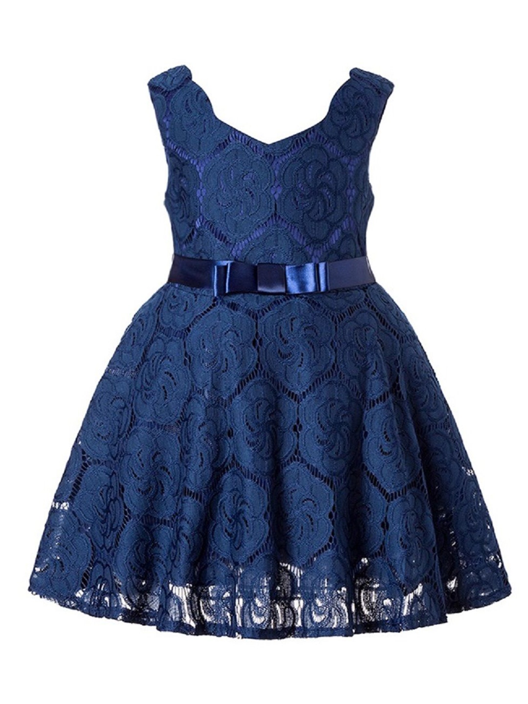 

Wish little Girls Lace Self Design Fit and Flare Dress, Navy blue