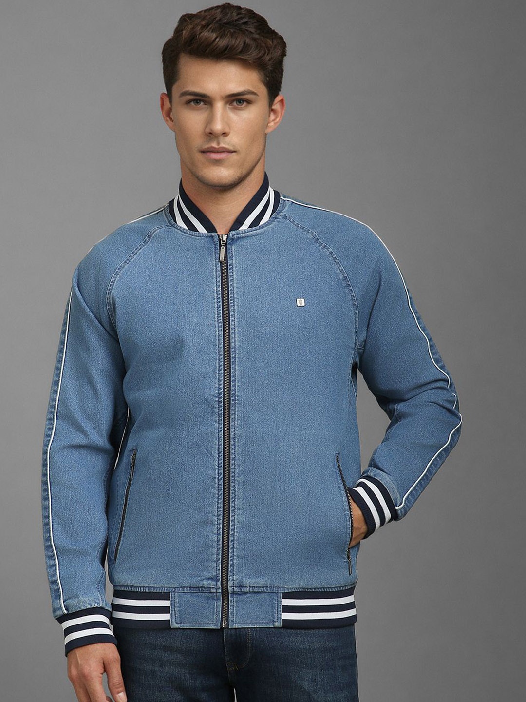 

Louis Philippe Jeans Men Stand Collar Solid Cotton Casual Denim Jacket, Blue