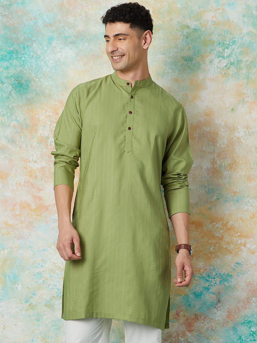 

Melange by Lifestyle Geometric Woven Design Mandarin Collar Straight Kurta, Green